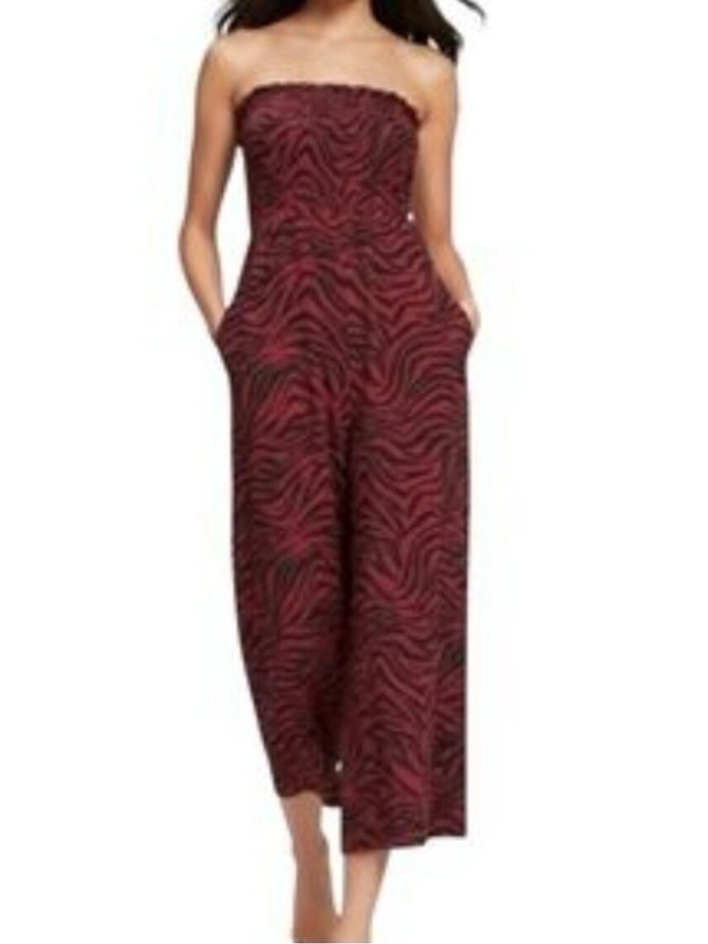 Loft Beach Strapless Smocked Wide-Leg Jumpsuit in Burgundy Zebra Print